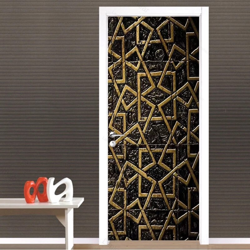 Modern Black Gold Line Geometric Door Sticker 3D Stereo Pvc Self-Adhesive Waterproof Mural Wallpaper Living Room Decor: 77x200cm