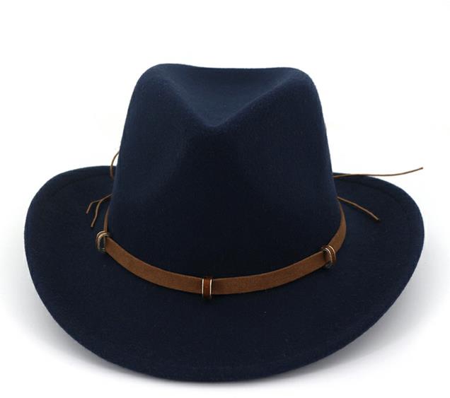 Læder dekoreret vestlig cowboy hat uldfilt jazz fedora hatte brede kant panama formel top cap sombreros til mænd kvinder: Flåde
