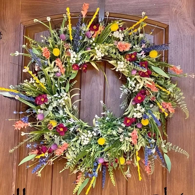 45cm Spring Summer Artificial Wildflower Door Wreath Colorful Multipurpose Decorative Garland for Front Door Home Decor: Default Title