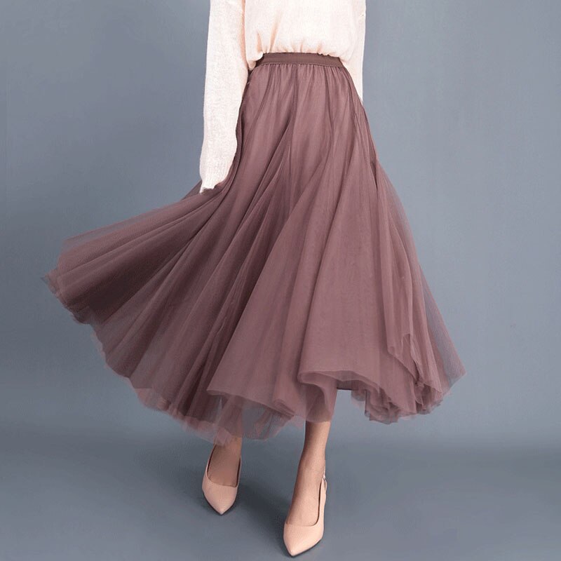 Falda larga de tul de 3 capas para otoño e invierno, falda Swing de estilo coreano para mujer, color rosa, verde, gris, azul, marrón, negro