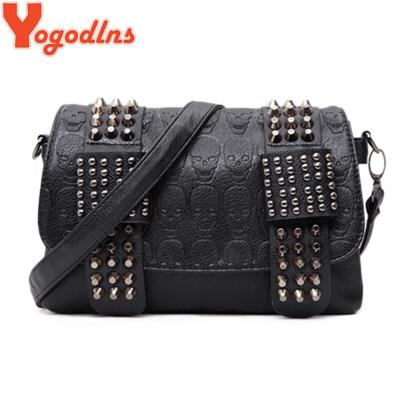 Yogodlns Women Black Leather Messenger Bags Vintage Messenger Cool Skull Rivets Shoulder Bags sac a main bolsa