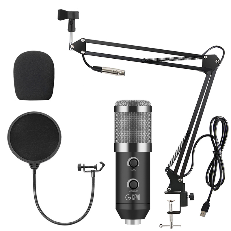 Micrófono USB condensador GEVO BM 900 con cable y micrófono trípode para grabación de ordenador PC, estudio de canto, Karaoke actualizado desde BM 800: Silver NB-35 Filter