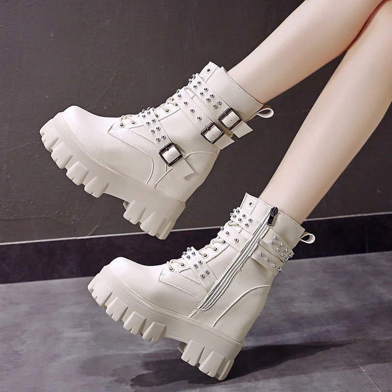 Rivet grosses bottes plate-forme femmes noir blanc Double boucle hauteur augmenter chaussures femme plate-forme bottines dame