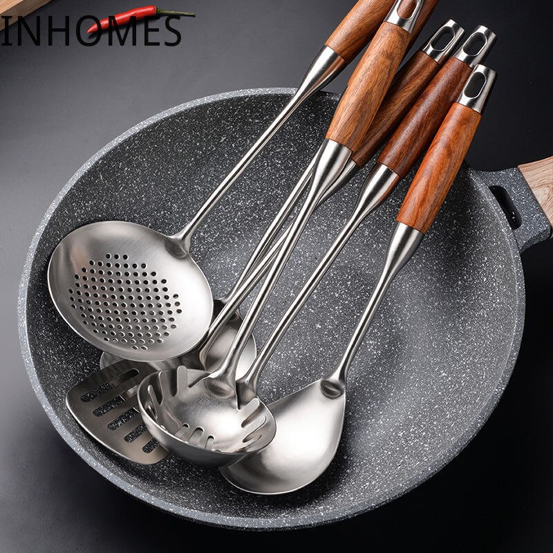 Manche en bois de rose, spatule Wok en acier inoxydable, pelle fendue, retourneur cuillère à riz, ustensile de service, outils de cuisine