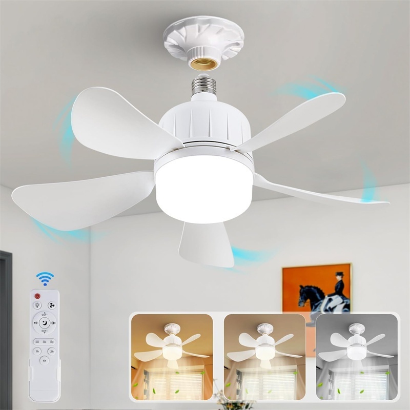 Ventilador de techo LED con casquillo de luz con control remoto E27 ventiladores de techo LED regulables con luces para cocina garaje dormitorio 3 colores