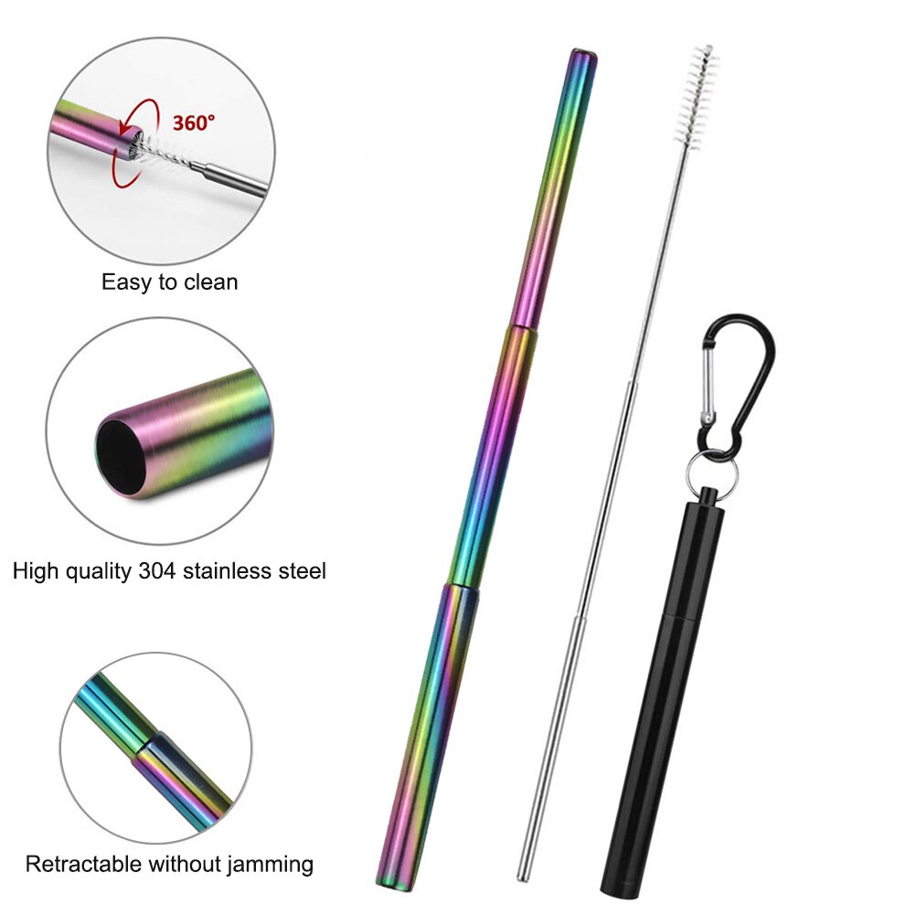Reusable Stainless Steel Straws with Aluminium Keychain Case Cleaning Brush Collapsible Telescopic Portable Drinking Straws