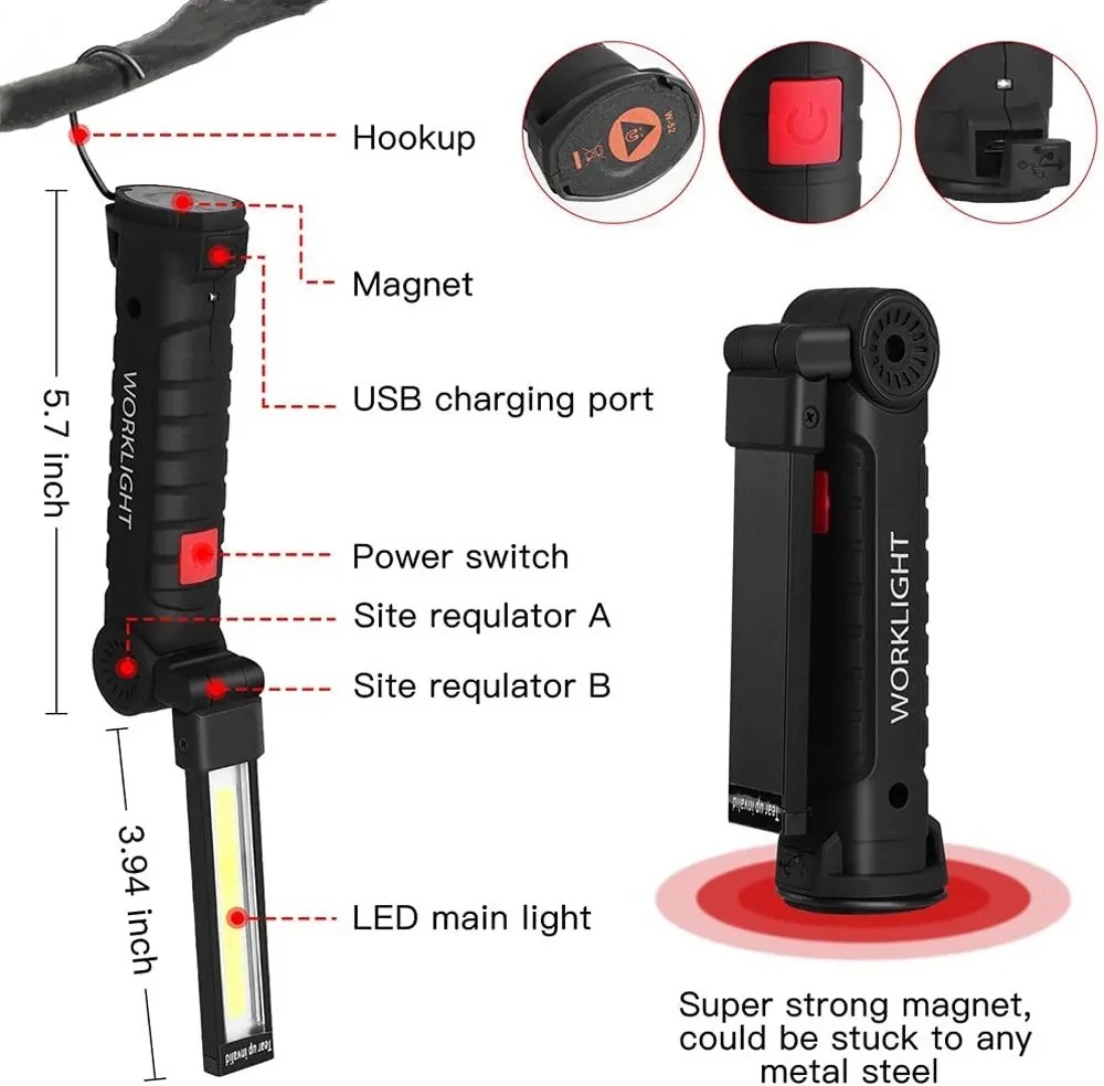 Linterna LED recargable por USB para acampar, luz de trabajo con imán y gancho IP64, resistente al agua, 5 modos de iluminación, adecuada para trabajo nocturno