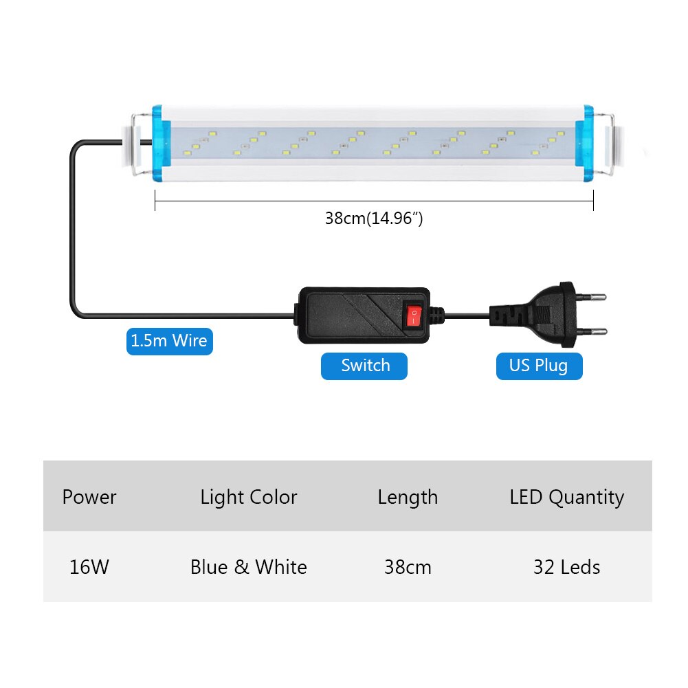 Waterdichte Vis Armatuur Verstelbare Aquarium Licht Plant Lamp Ac 90-260V Decor Wit Blauw Verlichting Super Slanke Leds us/Eu Plug: EU plug-38cm