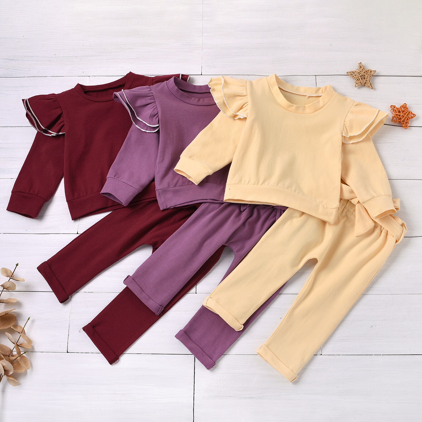 Focusnm 0-24m bebê recém-nascido meninas meninos conjuntos de roupas babados sólido manga longa pulôver moletom topos calças 2 pçs