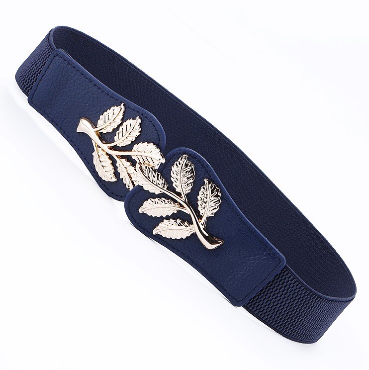 Fajas para mujer, cinturones para mujer, ropa de vestir, cinturón de señora, cinturones y fajas negras de cuero Pu para mujer, hebilla dorada elástica: dark blue color