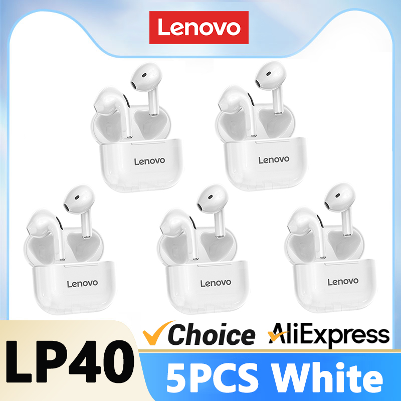 5pz Lenovo LP40 Auricolari Bluetooth Auricolare senza fili Doppia riduzione del rumore stereo basso tocco controllo pausa lungo 230mAh Xiaomi: bianca
