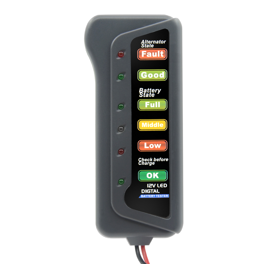 12v digitale accutesters met 6 led-displaylampjes, accutesters met remvloeistofmeter voor auto's en motoren.