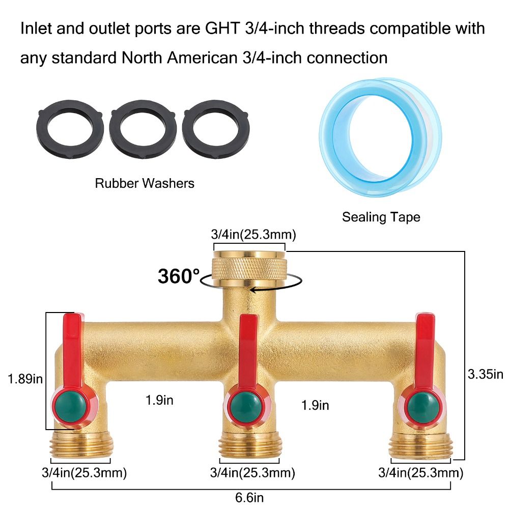304 Stainless Steel Brass Garden Hose Splitter Extension Handles Y-Valve 3/4 GHT Threads Garden Hose Splitter