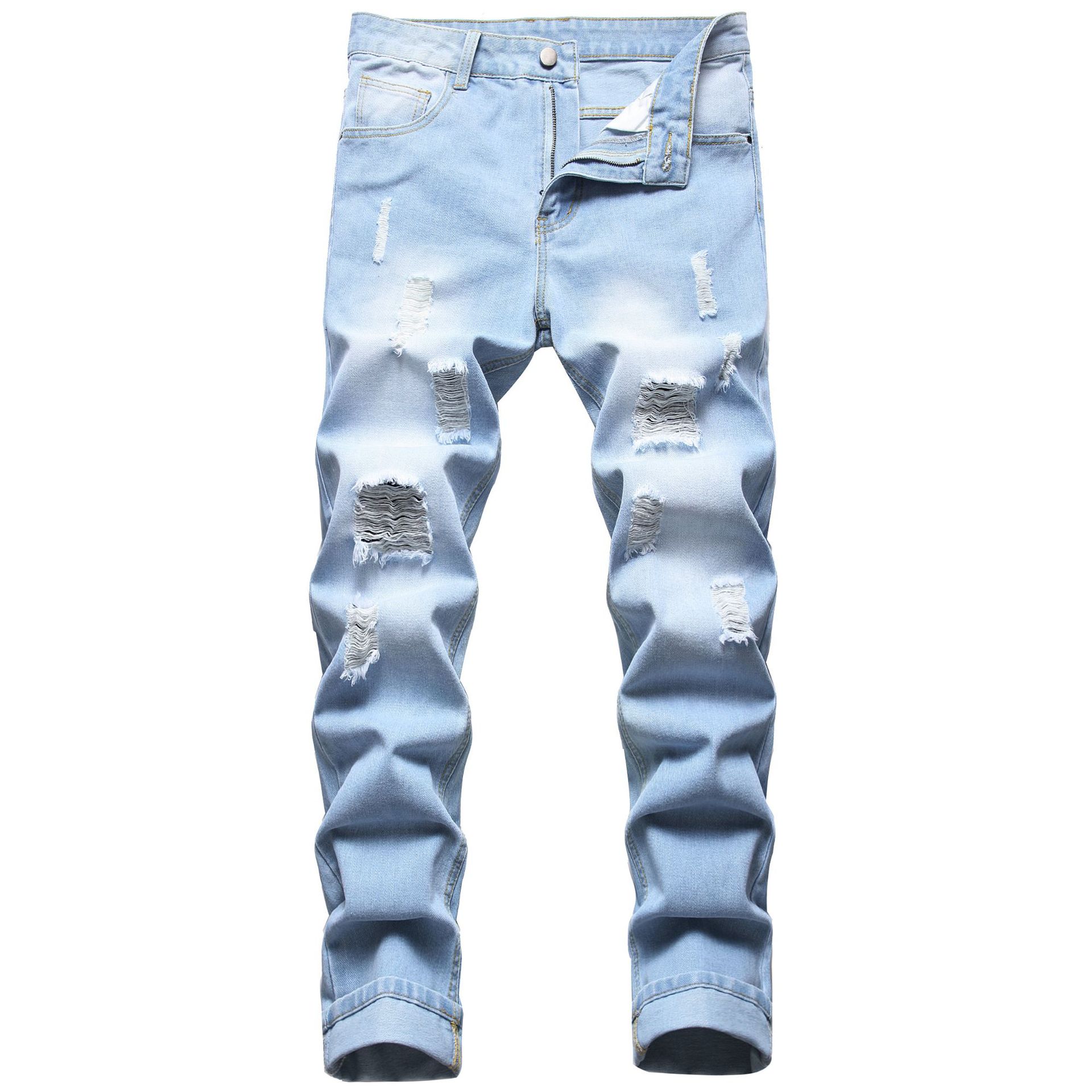 Pantalones vaqueros rasgados de estilo urbano para hombre, Jeans lisos lavados de estilo Vintage, informales, ajustados, azul claro: 30
