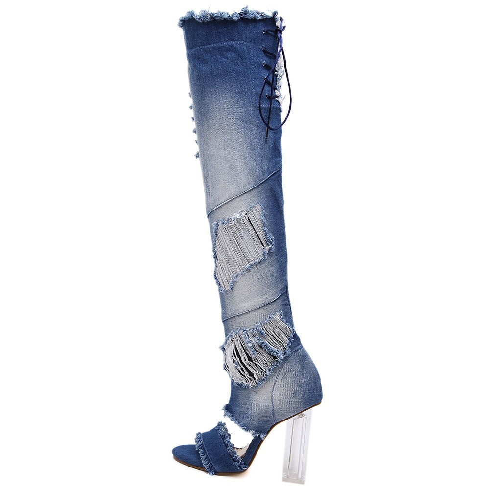 Sarairis Denim Peep Toe Zomer Laarzen Vrouw Schoenen Vierkante Hoge Hak Over-De-Knie Laarzen vrouwen Schoenen Schoeisel