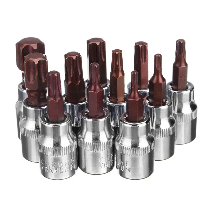 11Pcs Hex plum-shaped Torx Star Screwdriver Bit Set Tamper Proof Bit Driver Socket Set 1/4 3/8 Press-fit Sleeves