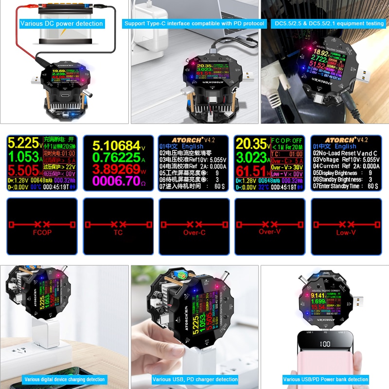Farve app batteri tester elektronisk belastning 18650 kapacitet monitor indikator afladning opladning usb meter  dc 12v strømforsyning checker