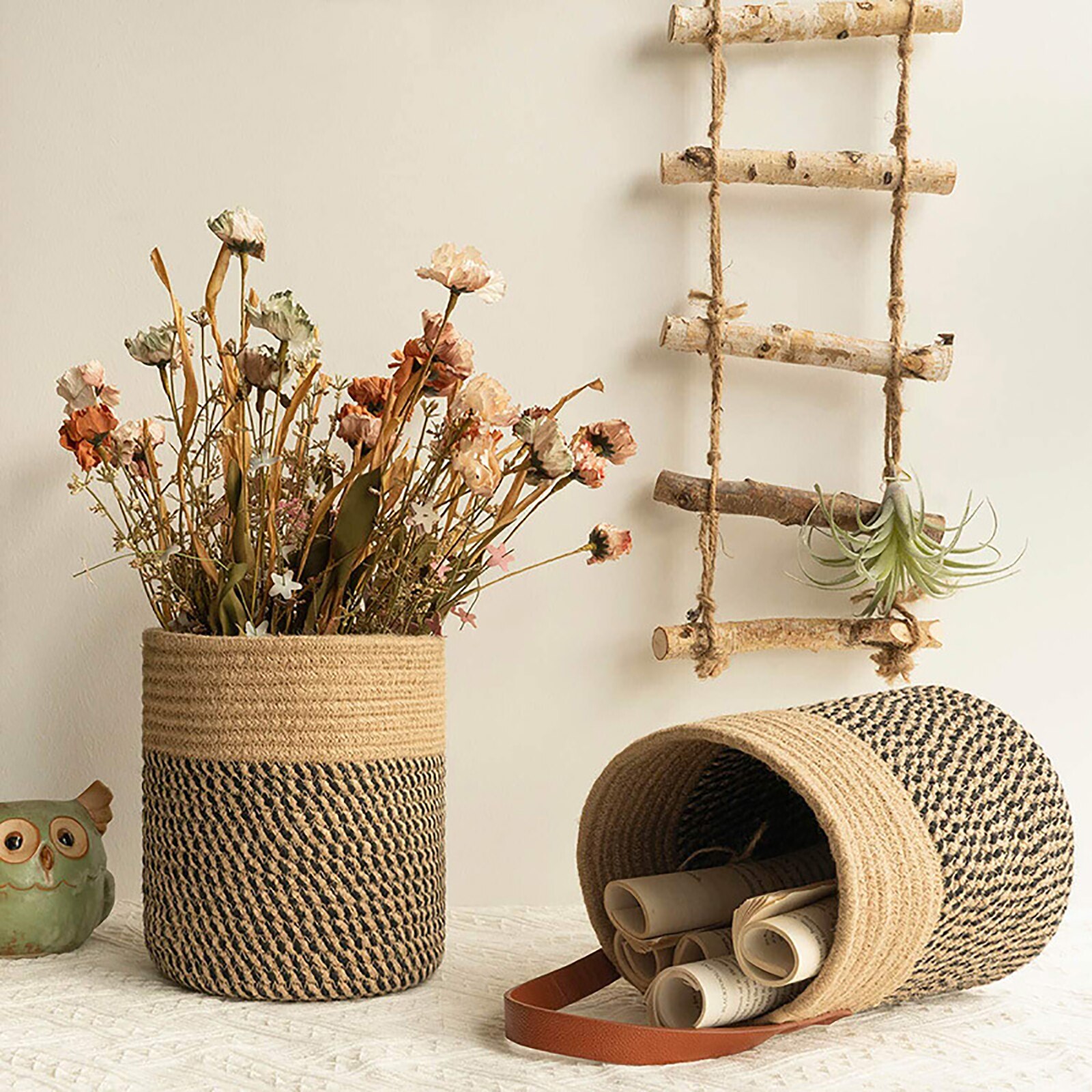 Cesta colgante de pared de mimbre de imitación de plantas, cinturón tejido hecho a mano, cestas de plantador