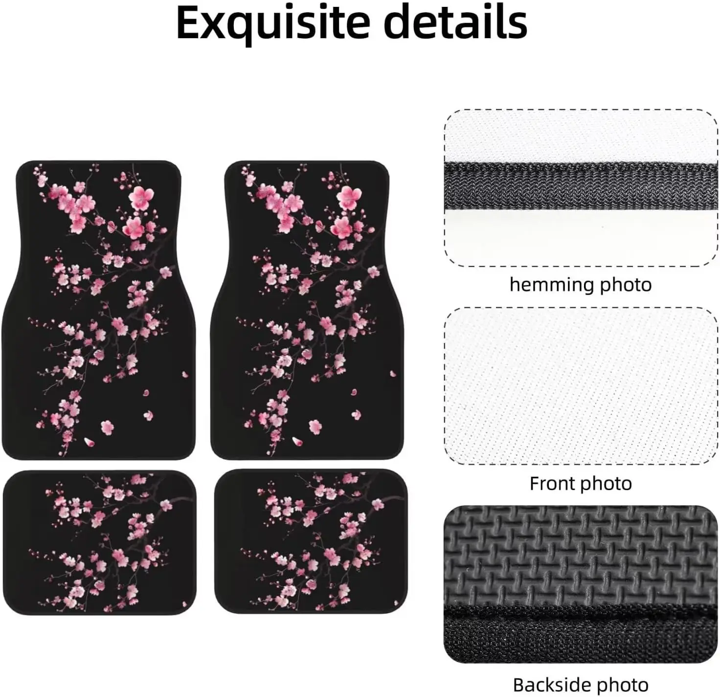 4 Uds alfombrillas de coche alfombras Rosa flor de cerezo Protector de suelo de coches para alfombra negro lindo Floral antideslizante alfombrillas traseras de coche