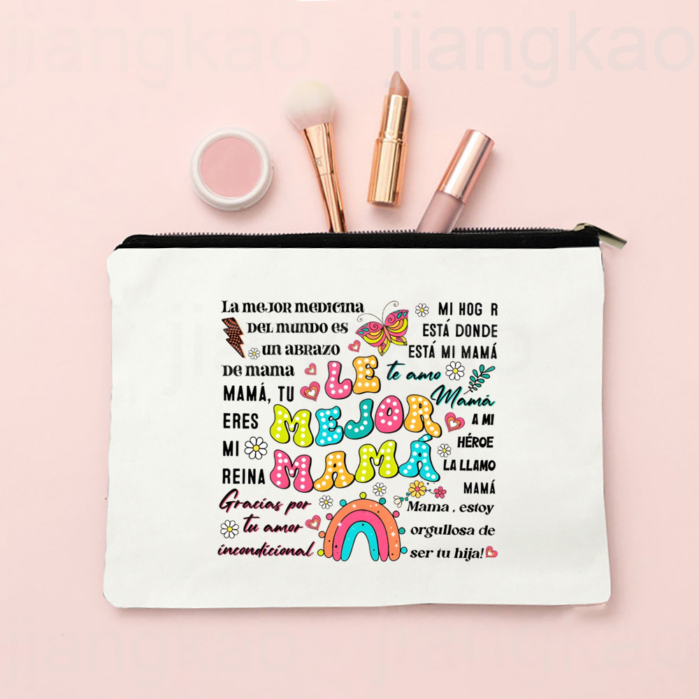 Spaans bedrukte make-uptas Reizen Neceser Toiletartikelen Opbergtas Vrouwelijke canvas cosmetische tassen Verjaardag Moederdag Cadeau voor moeder: Beige