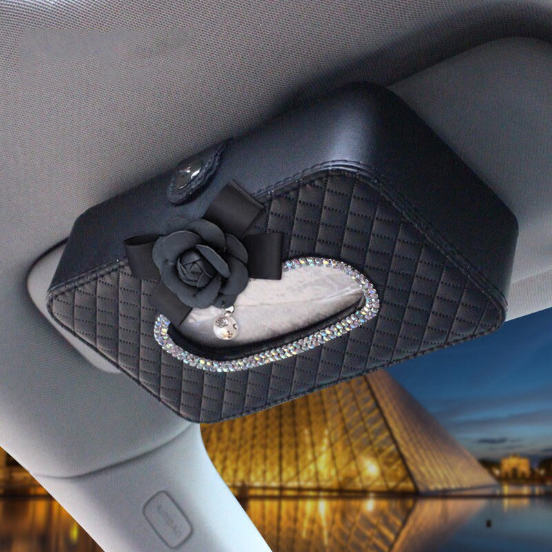 Camellia Rhinestone Car Sun Visor Type Car Tissue Box Holder Leather Diamante Interior Floral Paper Towel Storage Accessories: black black