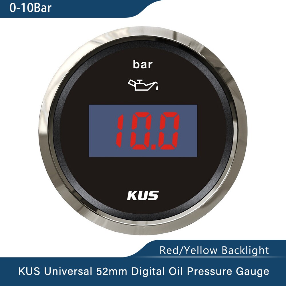 Kus 52mm oljetrykksmåler oljetrykksmåler med rødt og gult tilgjengelig bakgrunnsbelysning til bilbåt 0-5 bar 0-10 bar: digital 0-10 bar bs