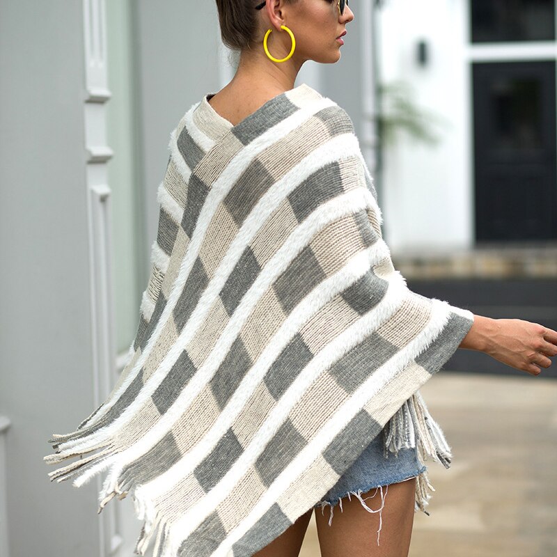 Autumn winter striped Cloak shawl Pullover knitted sweaters women Fringed cloak shawl Fur shawl fringed cape knit sweaters women