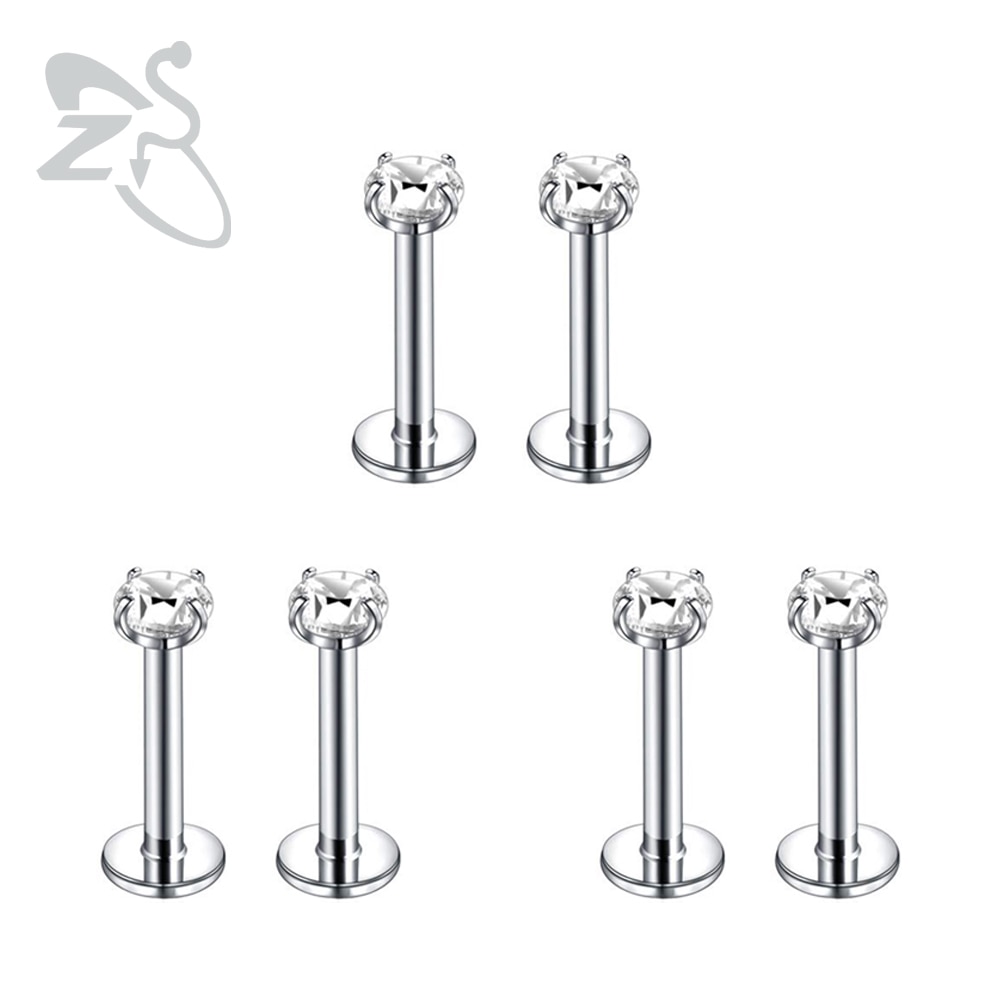 ZS 6 Pcs/Lot 16G Stainless Steel Labret Lip Piercing Set 3/4/5/6MM CZ Crystal Ear Cartilage Tragus Helix Conch Piercings Jewelry