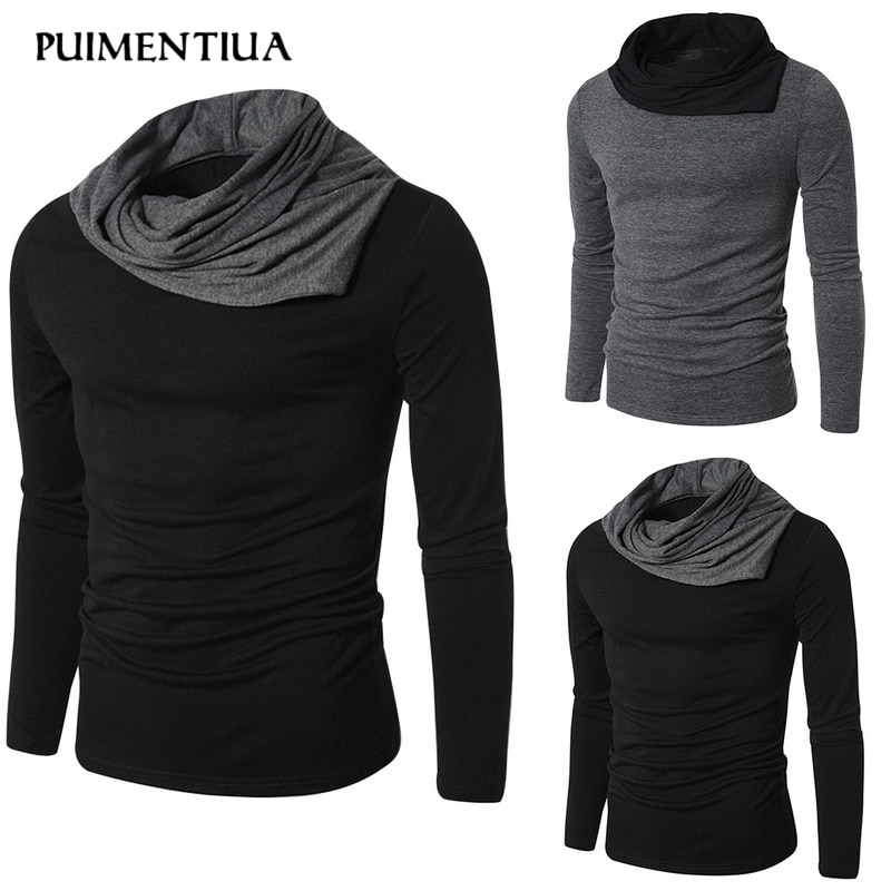 Puimentiua Lente Solid Casual Mannen Hoge Kraag Lange Mouw Gebreide Slanke Uitloper Trui Persoonlijkheid Tops