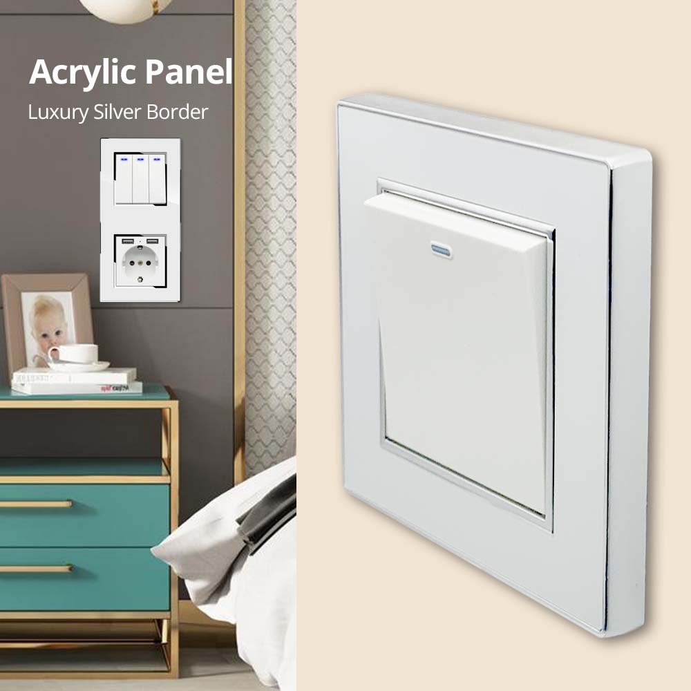 Wallpad Vertical Install 86*172mm White Acrylic Panel Wall Light Switch USB Charge EU Socket Outlet 4 5 6 7 8 Gang 2 Way Reset