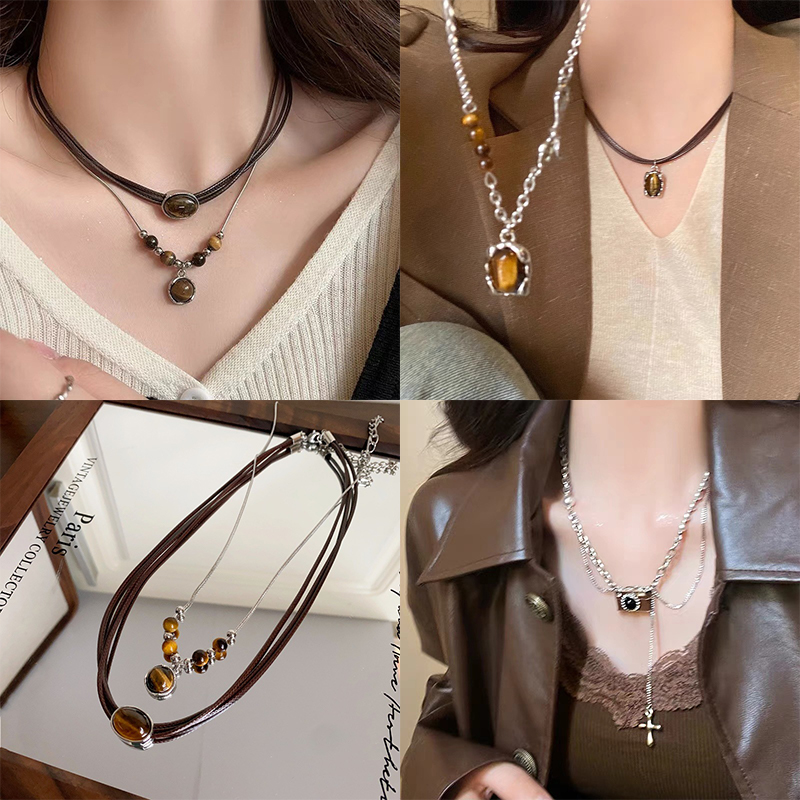 Collar con colgante de piedra marrón de cuero Vintage, gargantilla apilable, cadena de clavícula con temperamento para mujer y niña, collar de Otoño Invierno