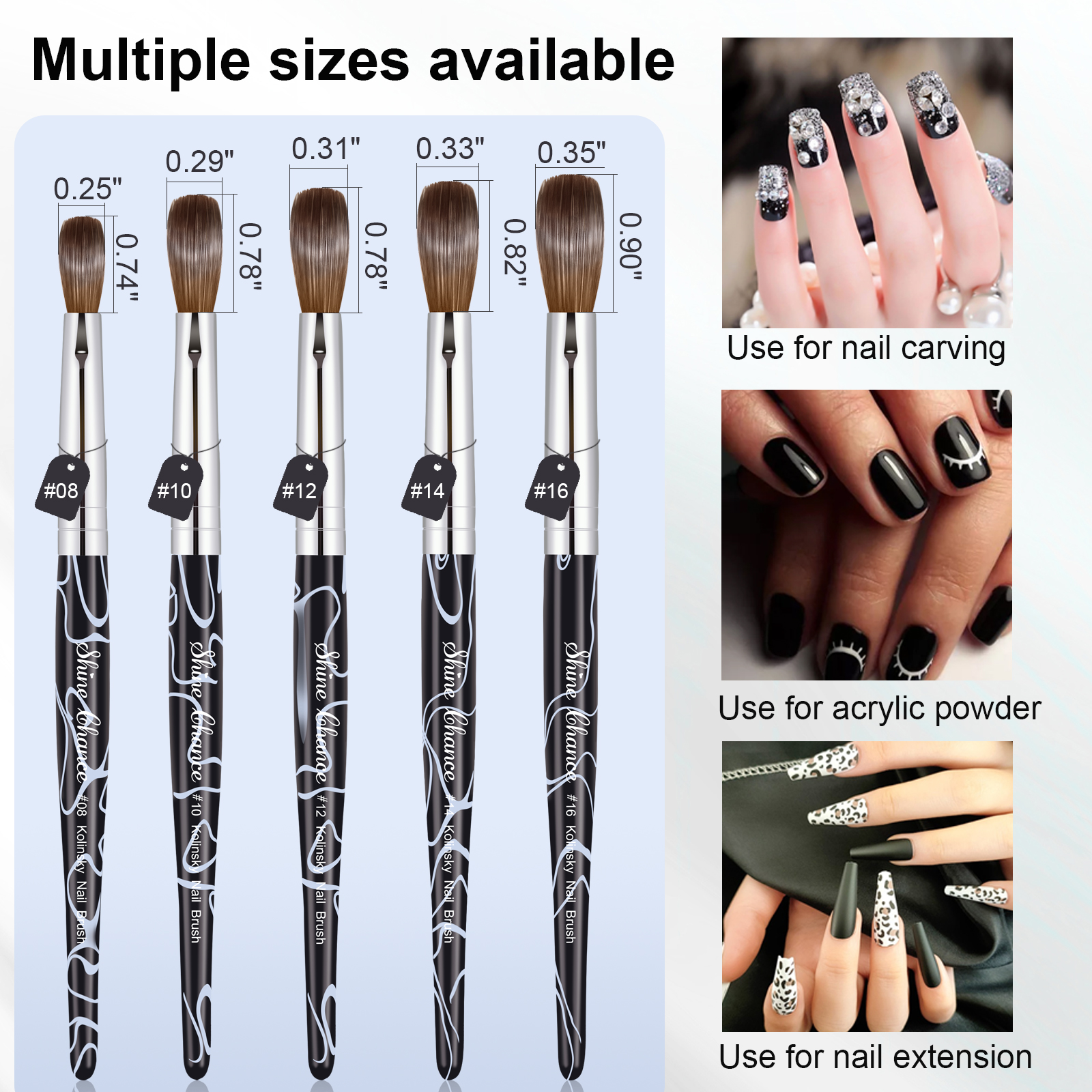Shine Chance Pincel acrílico para decoración de uñas, cepillo ovalado para uñas de pelo Kolinsky para aplicación acrílica, extensión de uñas