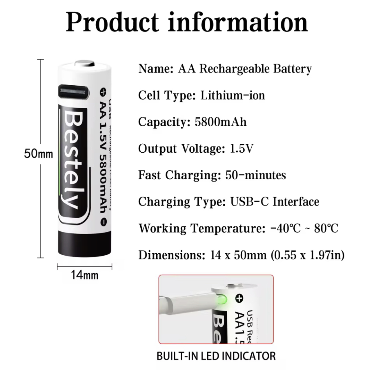 Batería Recargable De Litio 14500 3.7V 500mAh Con Conector JST – Para Camiones RC Huina Y Juguetes Eléctricos