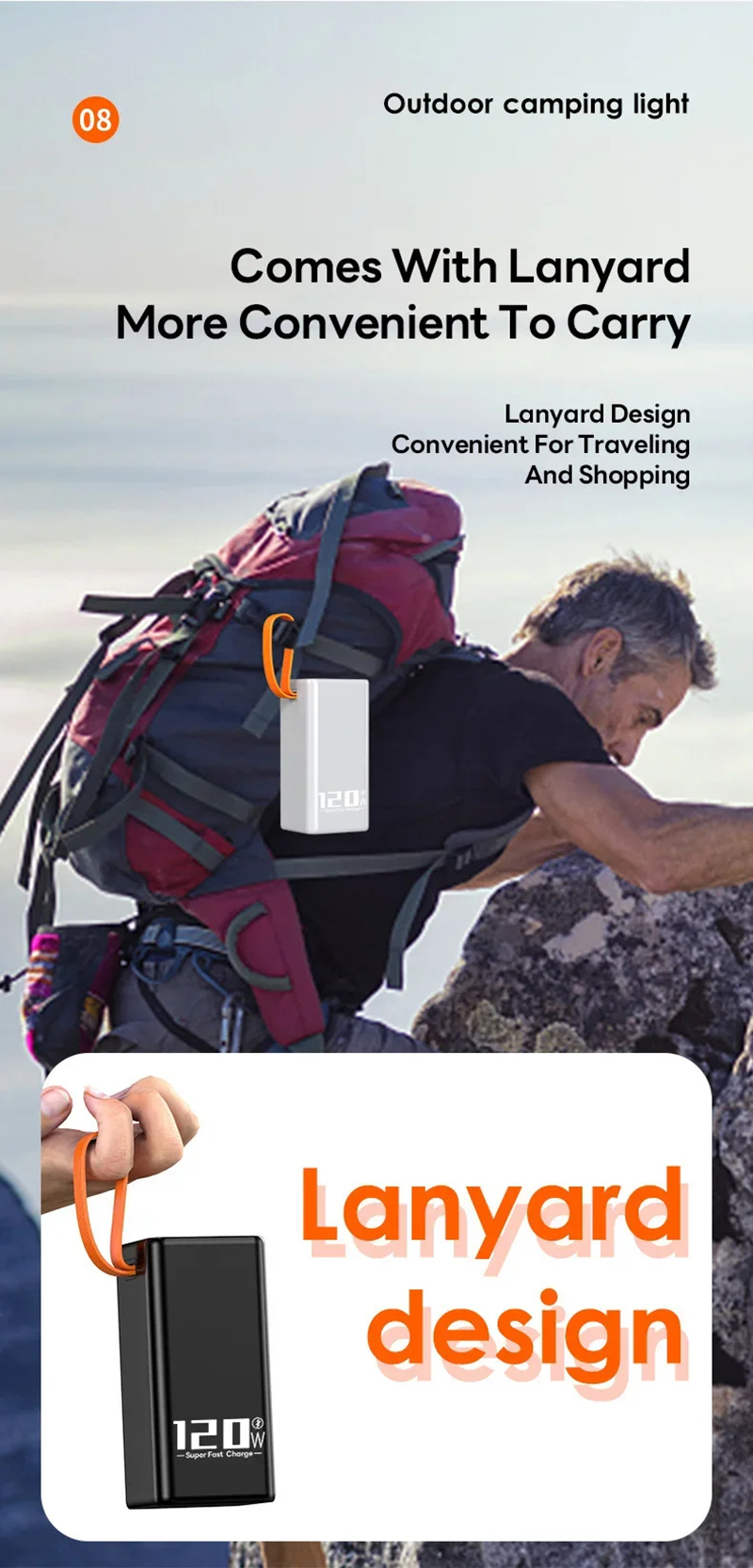 Powerbank 200000 mah, 120w schnellladefunktion, tragbarer draussen-lader, wasserdichter akku, Dual-usb-ladefunktion mit LED-beleuchtung