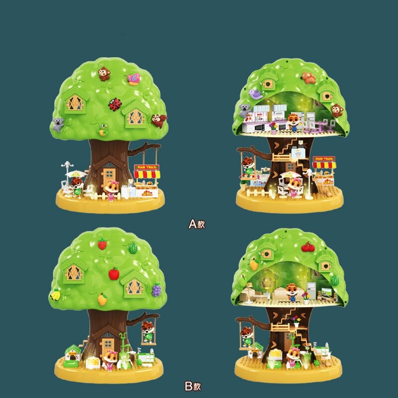 Three Squirrels Officially Authorized Play House Scene Cartoon DIY Forest Tree House Music Light Assembly Toy
