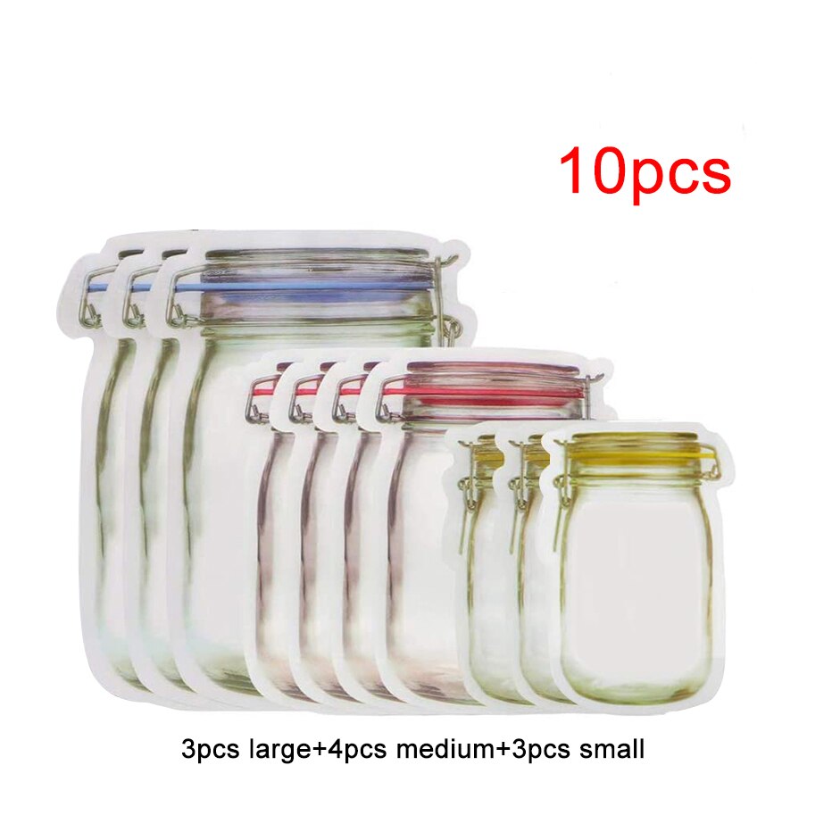 Mason Jar-bolsas de almacenamiento con forma de tarro, para aperitivos, galletas, dulces, frescas, con cierre y cremallera, organizador de pie: 10pcs