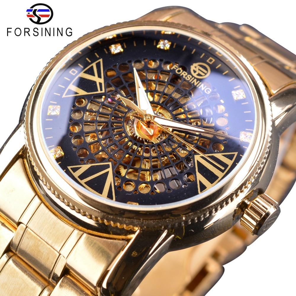 Forsining Royal Golden Skeleton Diamond Display Mannen Transparante Creatieve Horloge Top Brand Luxe Steel Automatische Horloge Klok