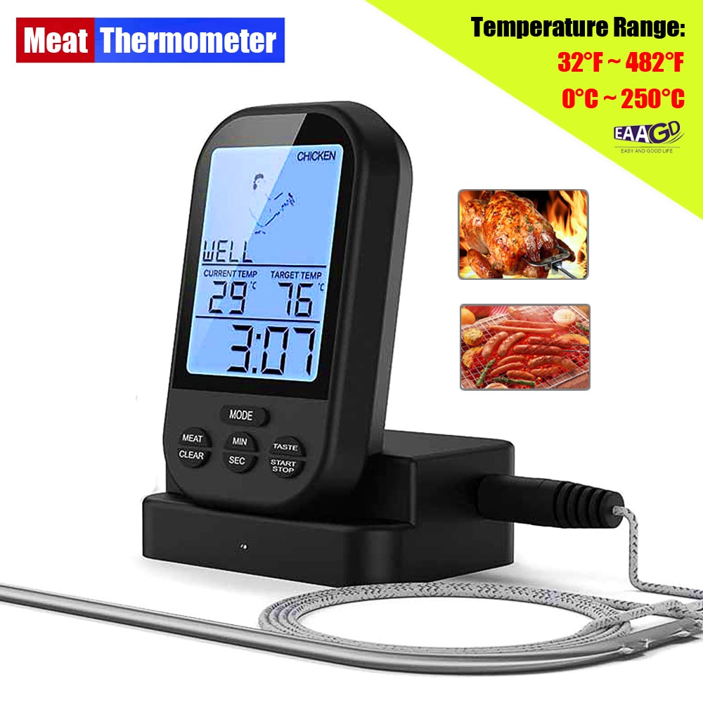 Wireless Digital Meat Thermometer - Remote BBQ Kitchen Cooking Thermometer for Oven Grill Smoker with Timer-Included Food Probe