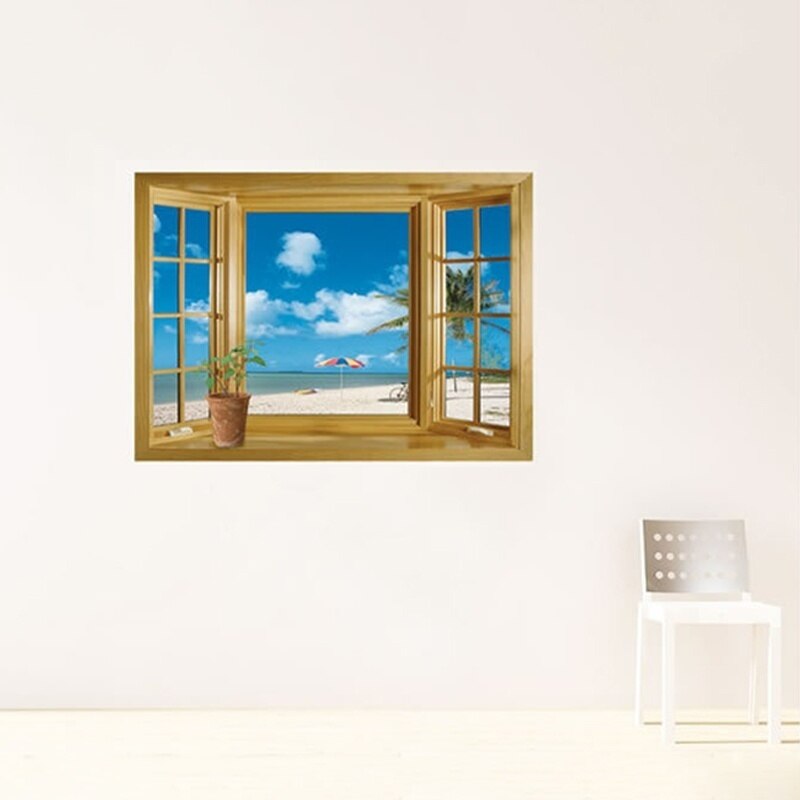 Art Mural Decal Wallpaper Living Room Decor Window 3D Print Beach View Sea Landscape Wall Stickers