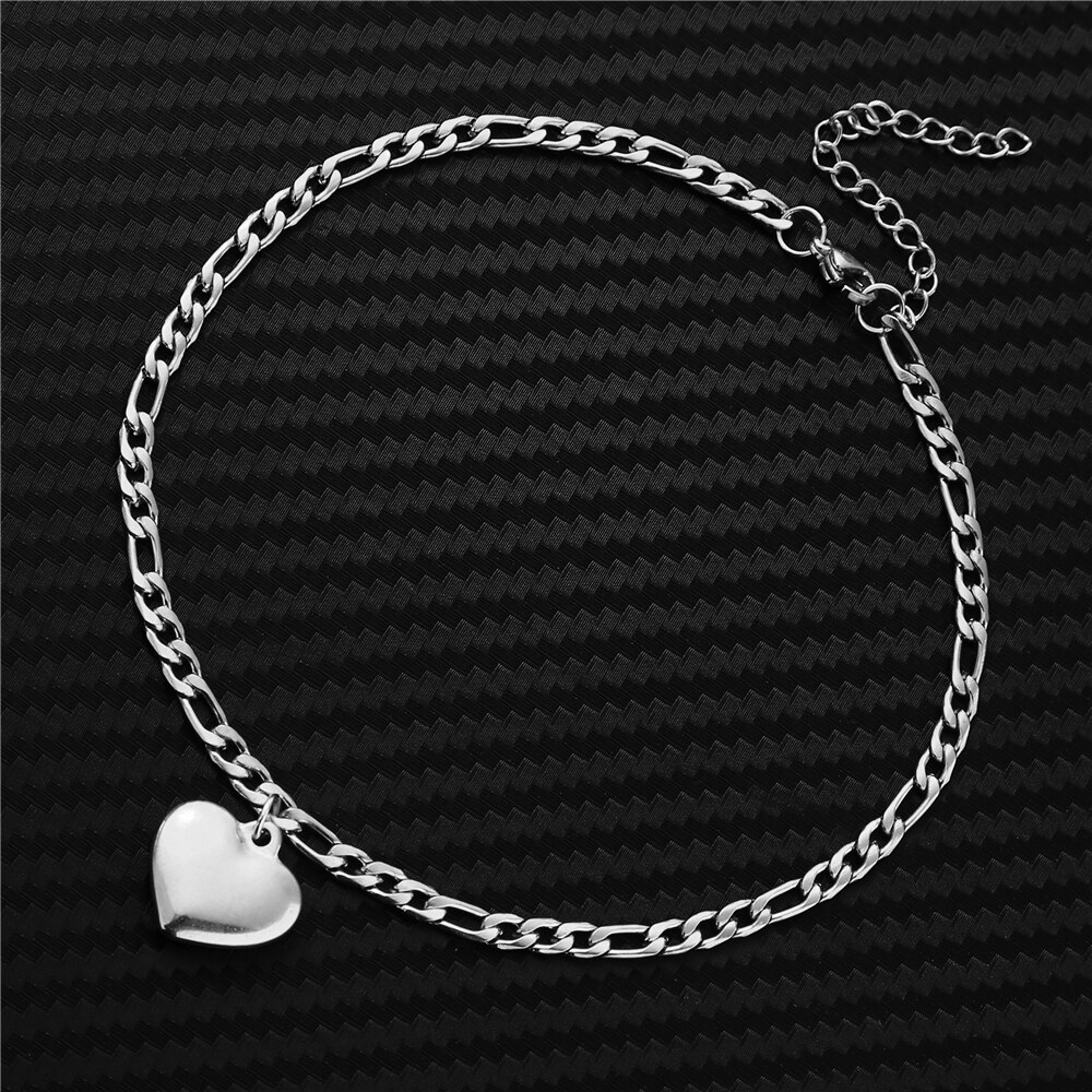 Stainless Steel Figaro Chain Anklet Bracelet For Women Girls Heart Charms Anklet Femme Foot Jewelry