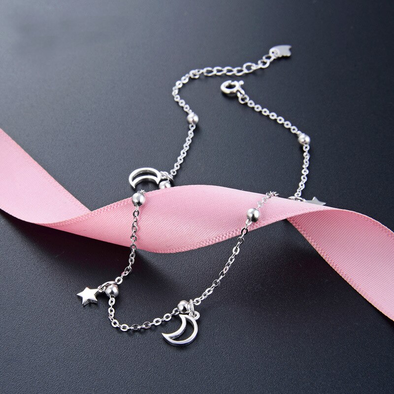 Massief Zilver 100% 925 Sterling Zilveren Ster Maan Vrouwen Enkelband Eenvoudige Stijl Chain Link Enkel Luxe Sieraden