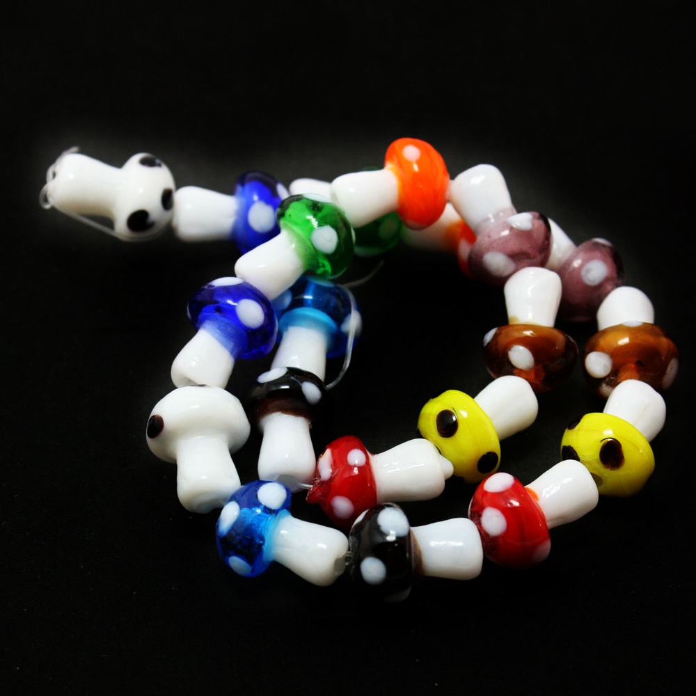 NiceBeads 10x12mm Red White Yellow Green Purple 20pcs Mixed Random Colors Lampwork Glass Mushroom Beads Fit Beading Jewelry DIY