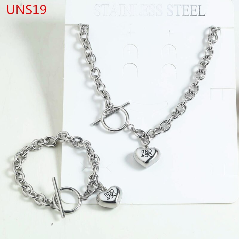 femmes hommes couleur argent or acier inoxydable serrure ronde clé Uno 50 boule perle Bracelet collier ensembles de bijoux: UNS19