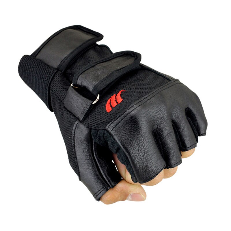 1 par män svart pu läder vikt lyft gym handskar träning handleds wrap sport träning träning fitness