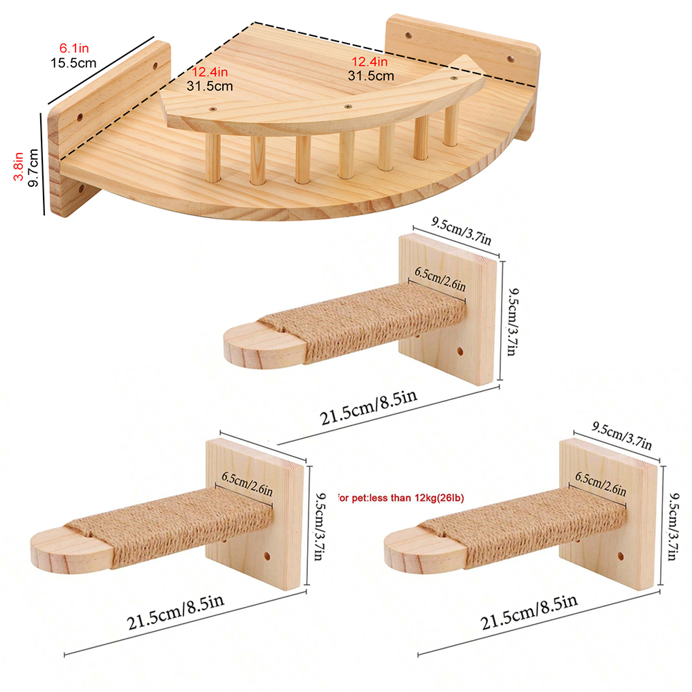 Wandgemonteerde Krabpaal Houten Planken Krabpalen Klimmen Kat Zitstokken Hangmat met Stappen en Ladder Houten Huisdier Meubels: Goud