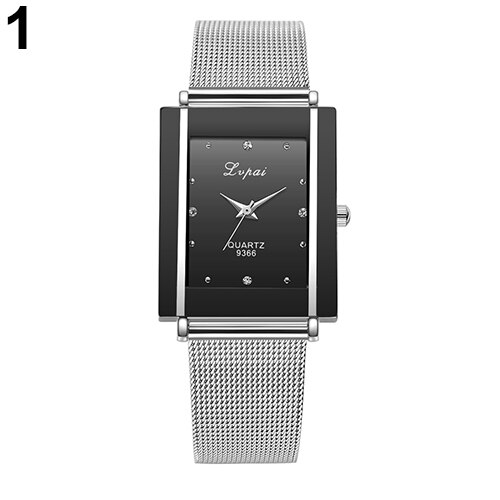 Men Women Rectangle Dial Stainless Steel Net Strap Quartz Wrist Watch: Black