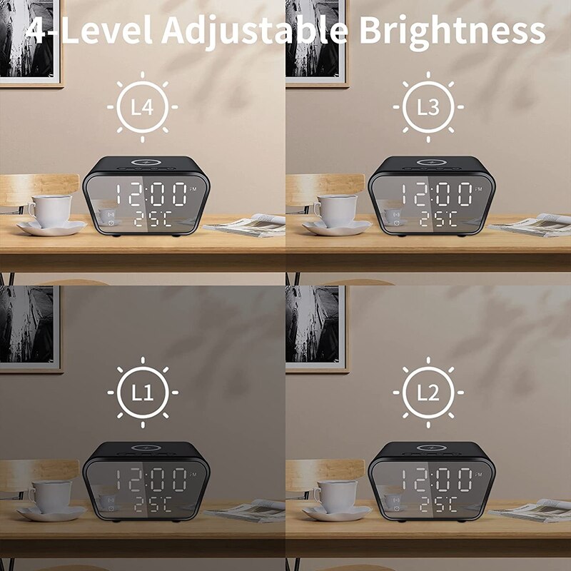 Alarm Clock with Wireless Charging - Alarm Clocks Bedside Mains Powered, 3 Alarms,LED Display with Time/Temperature/Date