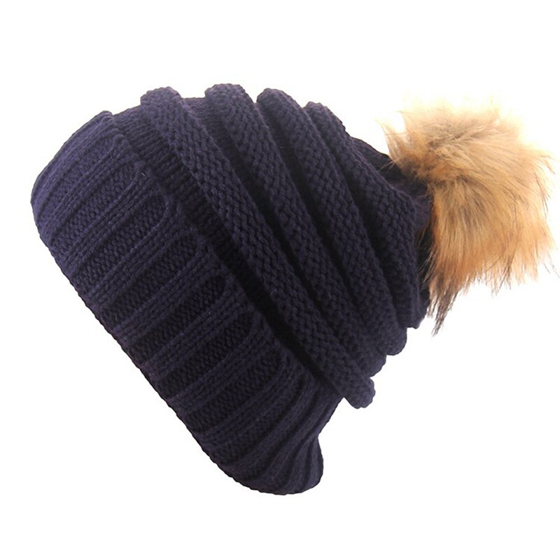 Winter Warm Female Fur hat Spring Hat For Women Girl 's Hat Knitted Beanies Cap Hat Thick Women Skullies Beanies: 02 Navy