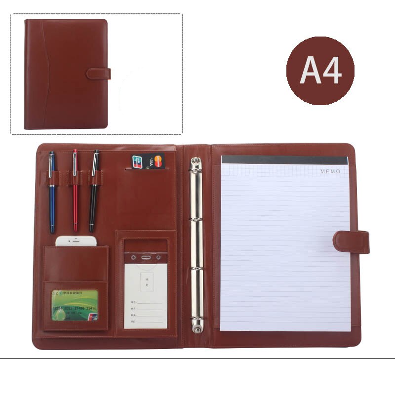 PU artificial leather folder ring binder a4 portfolio for documents padfolio briefcase with notebook cellphone holder 1210C: brown A style