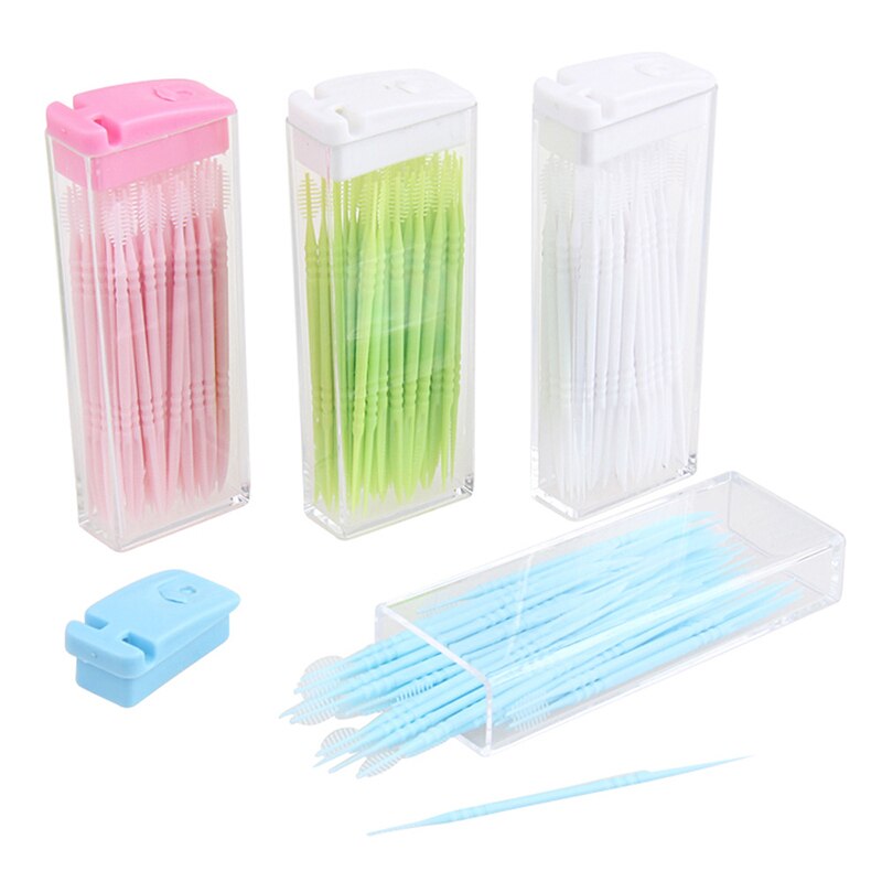 1 caja de palillos de dientes de plástico, palillo de dientes portátil y desechable, para limpieza Dental, de viaje, de dos cabezales, Color aleatorio